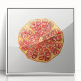Acrylic print of colorful fruits in art deco style, framed in white, suitable for modern nursery decor.