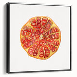 Black and white wall art featuring a vintage poster of assorted fruits, presented in a black frame.