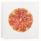 Large black and white photo of assorted fruits on stretched canvas, ideal for kitchen wall art.