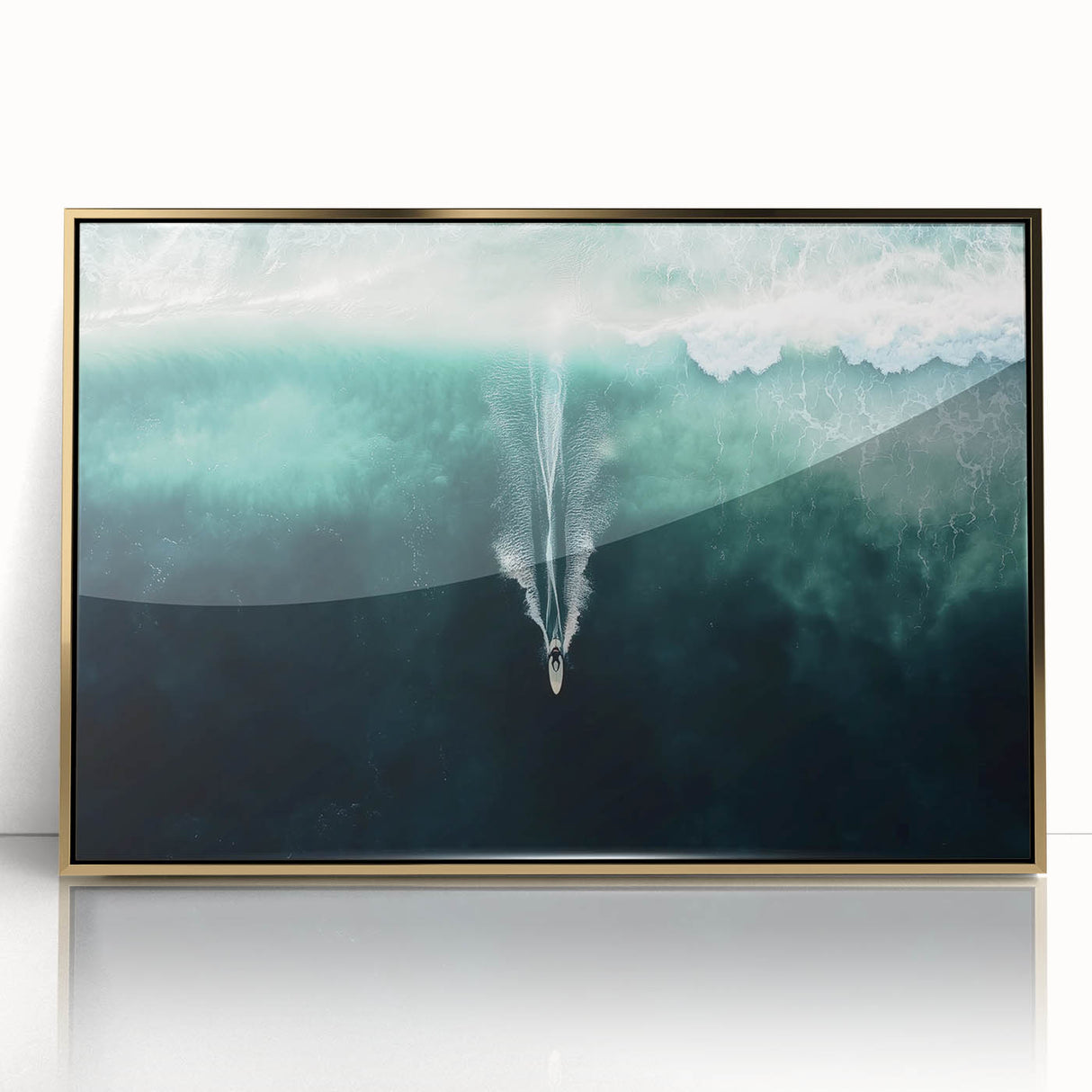 Framed acrylic artwork depicting a serene beach landscape with golden accents, showcasing gentle waves and soft sand, perfect for enhancing coastal-themed decor.