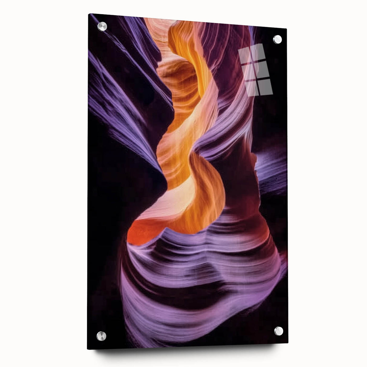Landscape acrylic artwork depicting vibrant canyons in rich earth tones, showcased in a glass frame with stylish pins, perfect for modern decor.