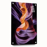 Landscape acrylic artwork depicting vibrant canyons in rich earth tones, showcased in a glass frame with stylish pins, perfect for modern decor.
