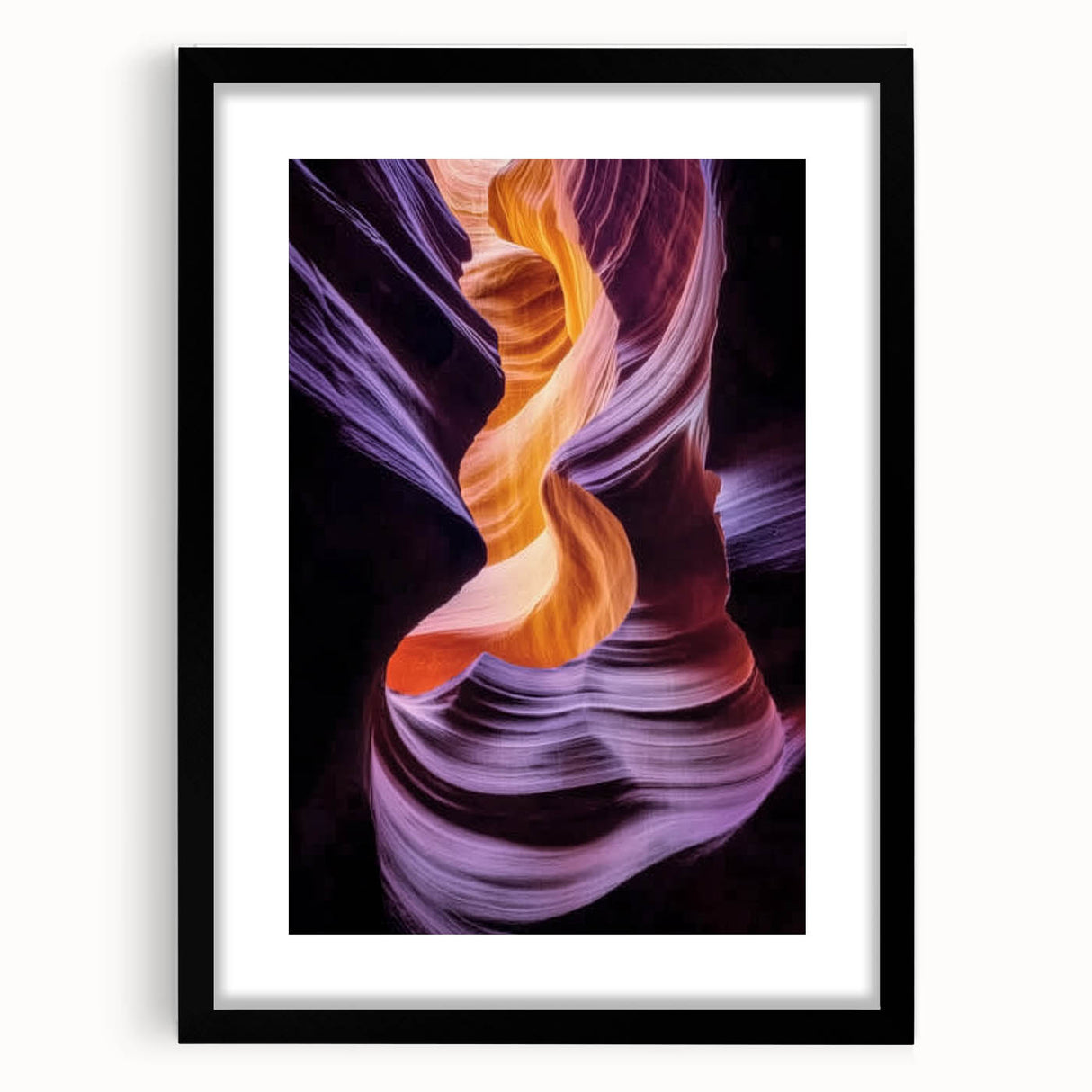 Black-framed landscape artwork showcasing vibrant canyons, presented with a white mat for added elegance, perfect for enhancing home decor.