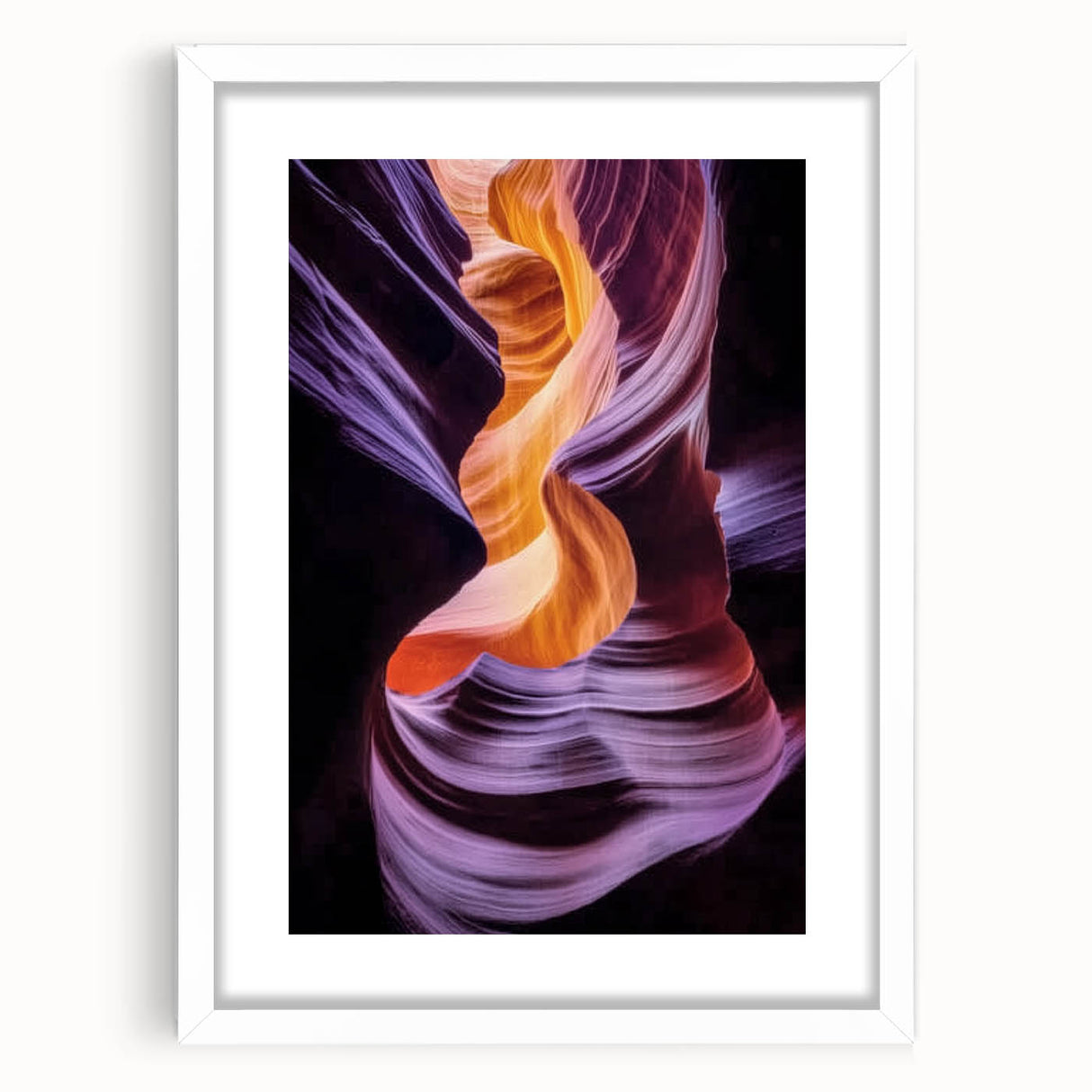 Framed landscape artwork depicting a vibrant canyon scene, featuring rich earthy tones and a white mat, perfect for home decor or office aesthetics.