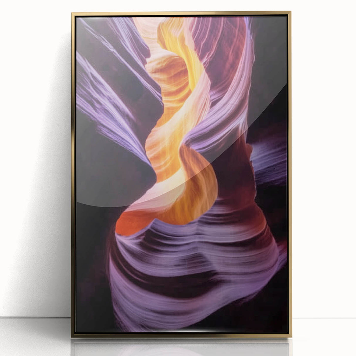 Framed acrylic wall art depicting a stunning landscape of canyons, featuring rich gold accents and a sleek front view design, ideal for modern home decor.