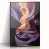 Framed acrylic wall art depicting a stunning landscape of canyons, featuring rich gold accents and a sleek front view design, ideal for modern home decor.