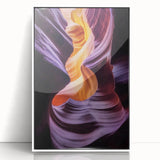Framed acrylic artwork showcasing a stunning landscape of canyons in vibrant hues, featuring a sleek white frame that enhances the modern aesthetic for home decor.