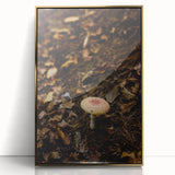 Large art print of a mid-century modernist fall scene in muted orange and brown tones, framed in gold acrylic.