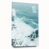 Large abstract wall art on acrylic glass, featuring dynamic swirls in cool blue and green tones.