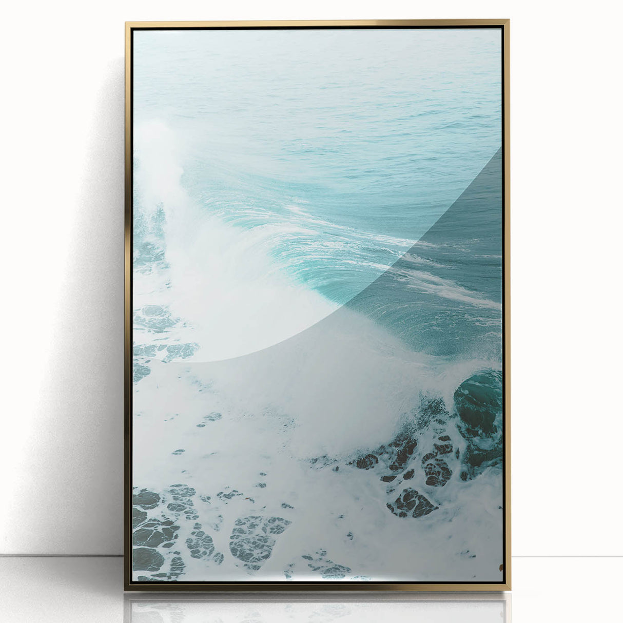 Large art print of a mid-century modernist summer scene in vibrant colors on a gold-framed acrylic.