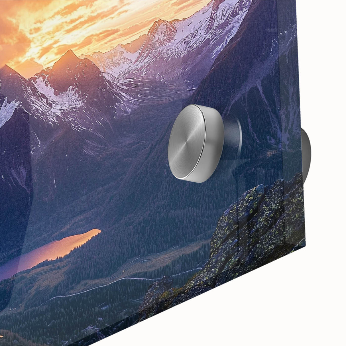 Close-up of a vibrant acrylic landscape artwork depicting rugged cliffs against a blue sky, showcasing intricate textures and bold colors, perfect for home decor.