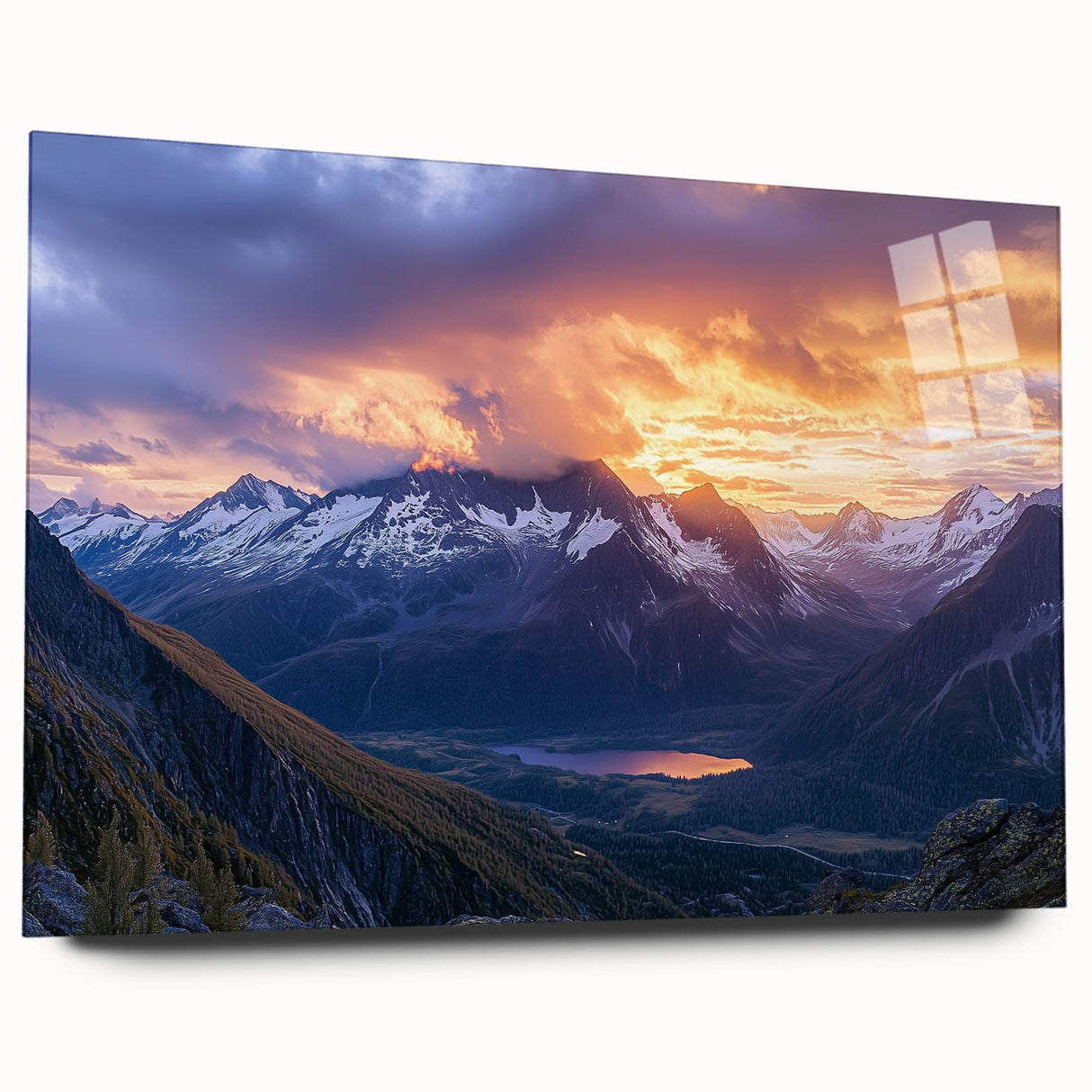 Acrylic landscape artwork showcasing dramatic cliffs in vibrant colors, displayed in a sleek glass frame, enhancing contemporary decor with a side view.