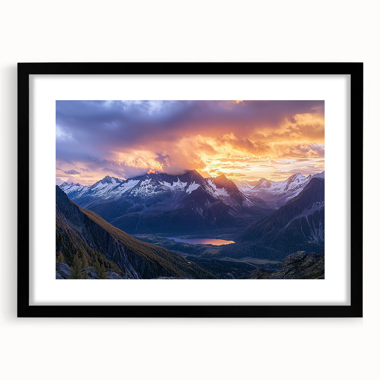 Framed landscape artwork showcasing dramatic cliffs in vibrant hues, set in a sleek black frame with a white mat, perfect for modern home decor.