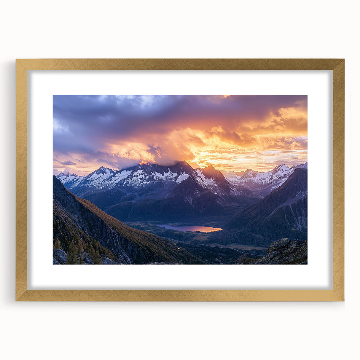 Framed landscape artwork depicting majestic cliffs with a gold matting, showcasing vibrant colors and intricate details, ideal for home decor enhancement.
