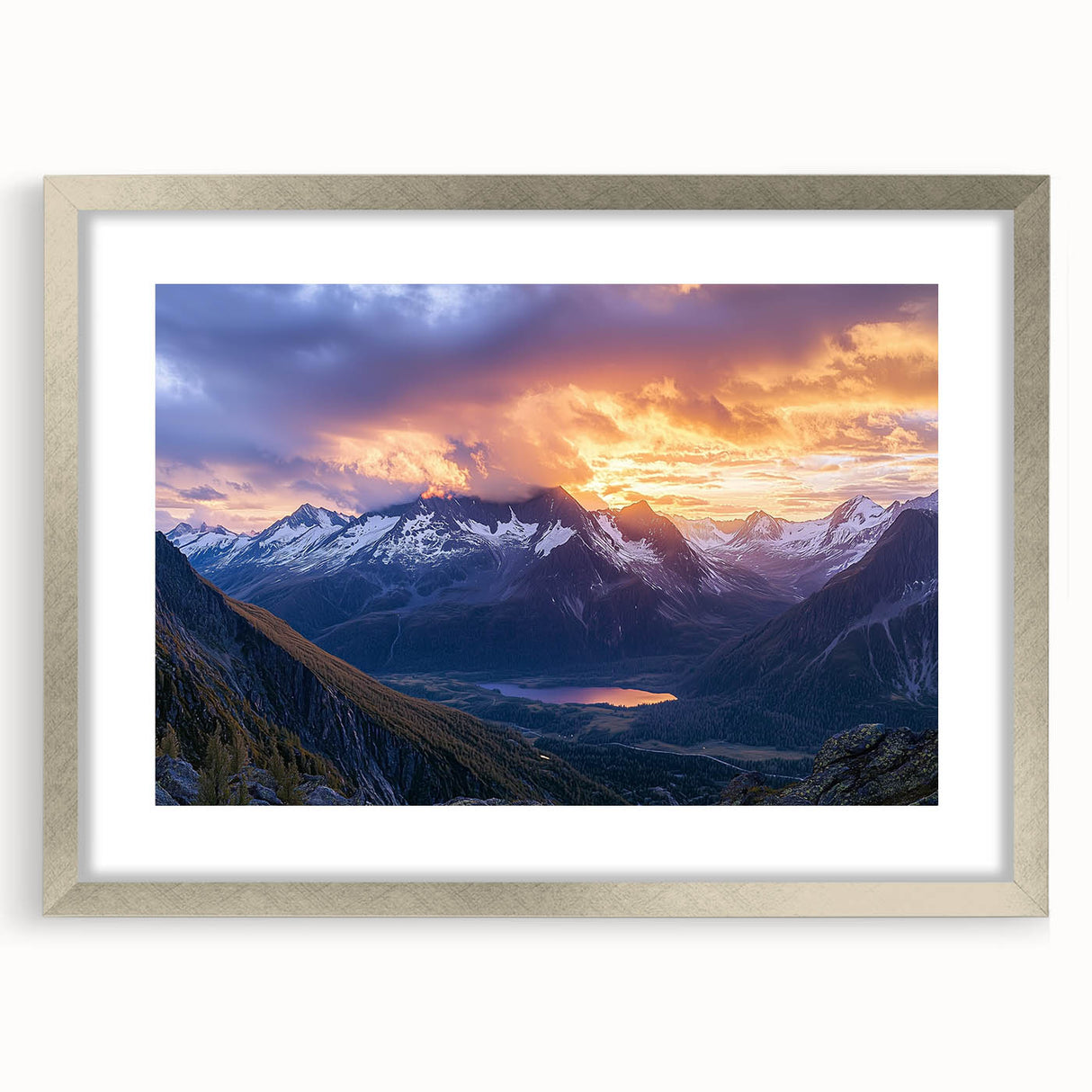 Framed landscape art showcasing dramatic cliffs in silver frame with matting, perfect for home decor; adds elegance and sophistication to any room.