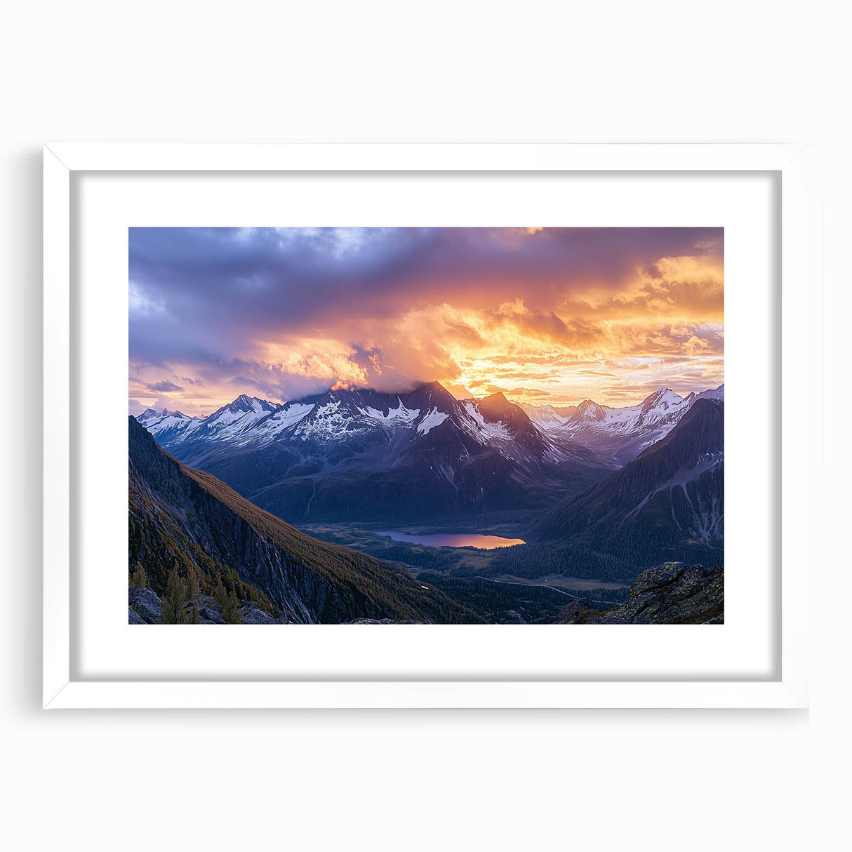 Framed landscape artwork showcasing a dramatic cliff scene with vibrant colors and deep blue skies, elegantly matted and presented in a white frame, perfect for home decor.
