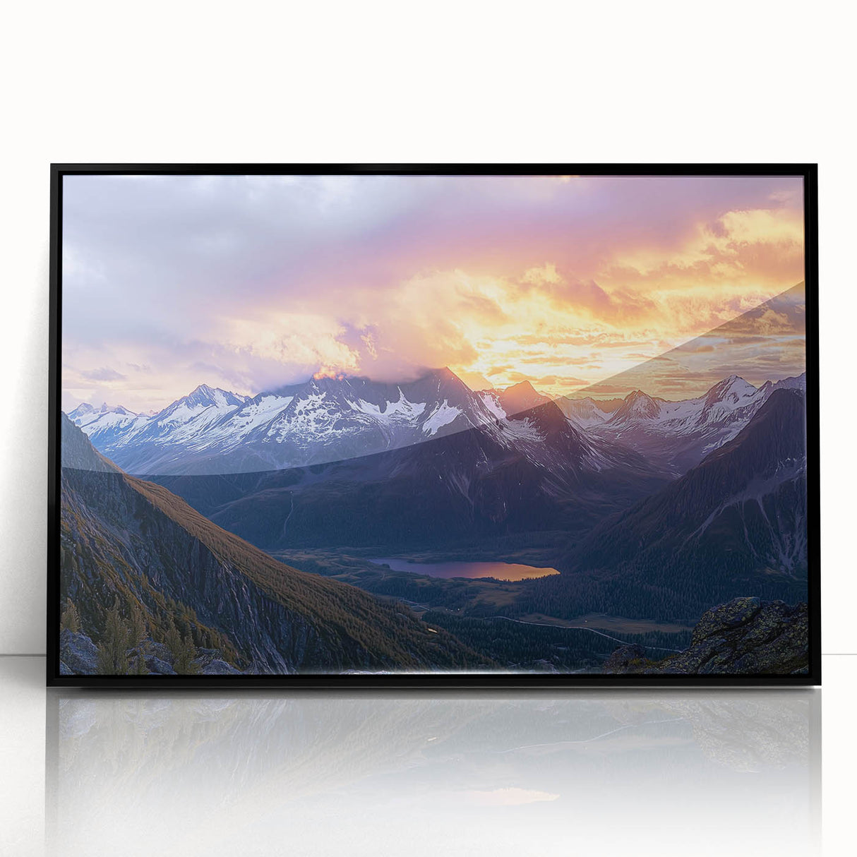 Framed acrylic artwork showcasing a dramatic cliff landscape, featuring vibrant colors and intricate details, presented in a sleek black frame for a modern aesthetic.