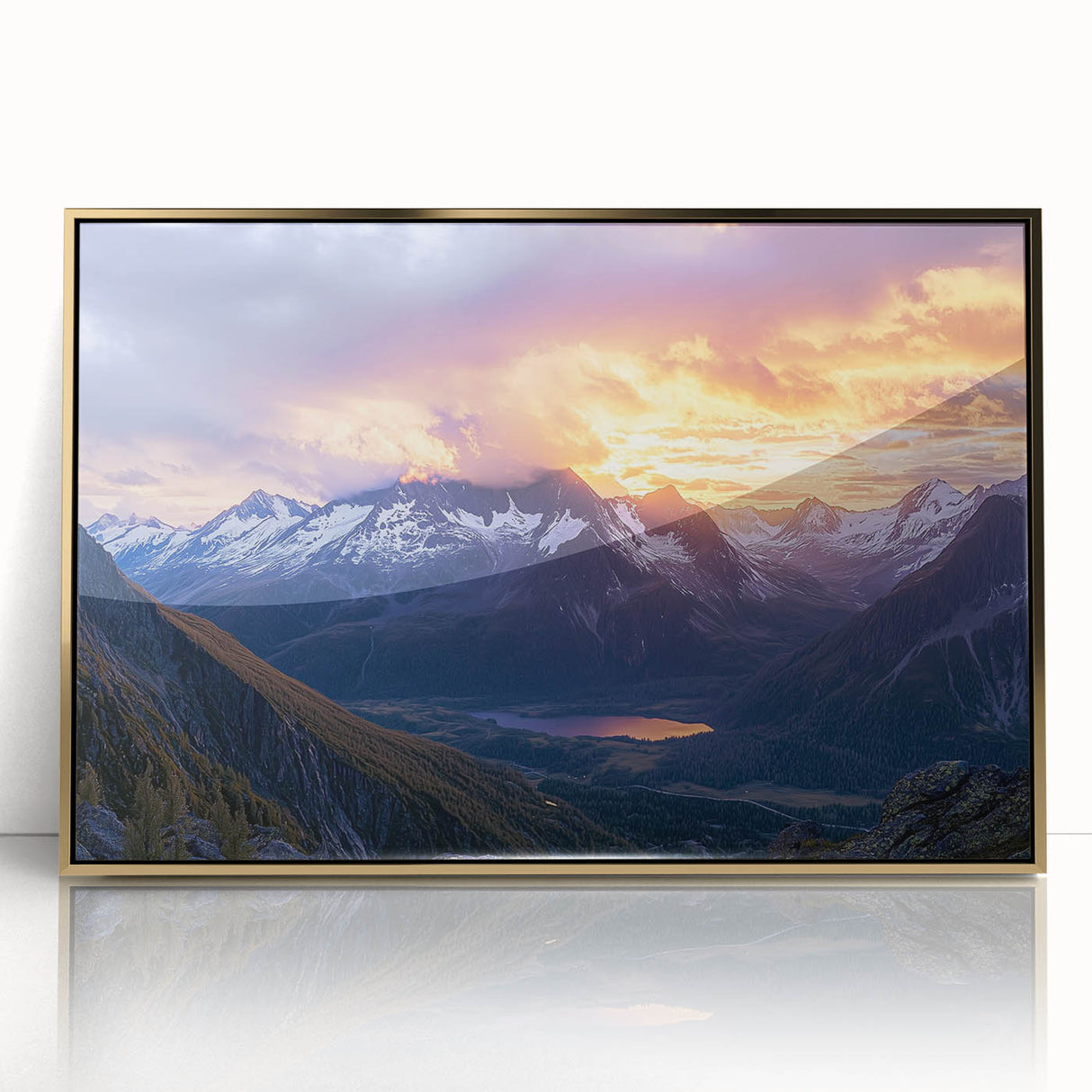 Framed acrylic artwork depicting a stunning landscape with dramatic cliffs and a golden hue, ideal for enhancing modern home decor and adding elegance to any room.