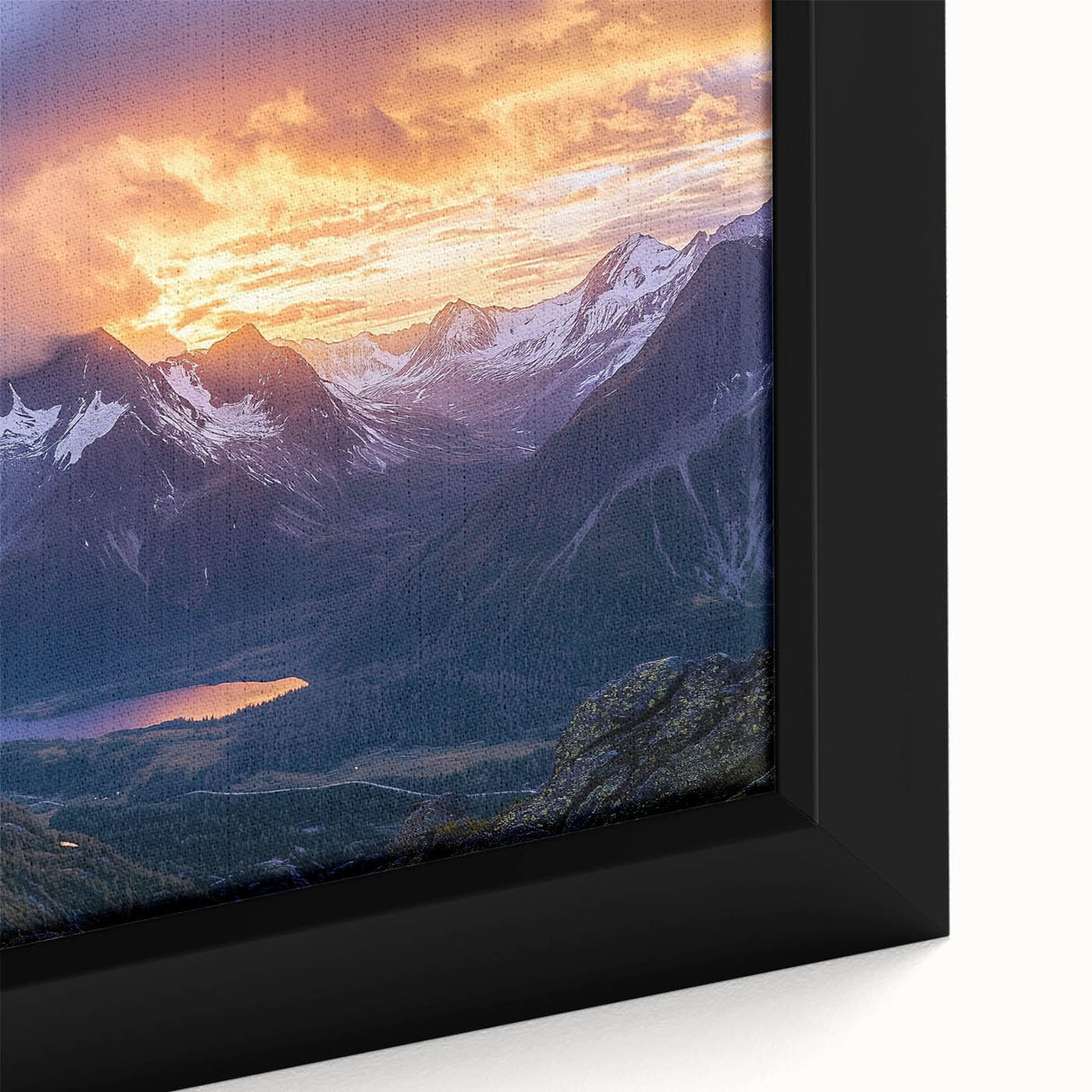 Close-up of a framed canvas showcasing a vibrant landscape of cliffs with rich colors and intricate details, ideal for home decor and art enthusiasts.