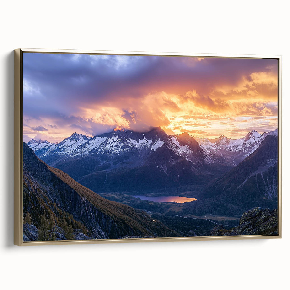 Framed canvas artwork showcasing a stunning landscape of majestic cliffs, accented with a gold frame, perfect for enhancing home decor with natural beauty.