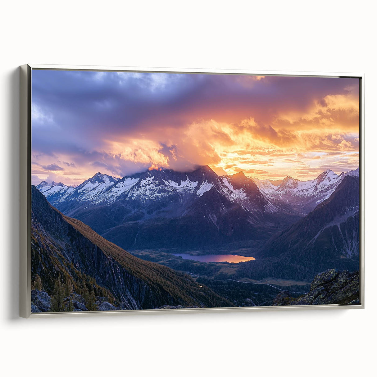 Framed canvas artwork depicting a striking landscape of cliffs, showcasing vibrant colors and intricate details, with a sleek silver frame adding elegance. Ideal for home decor, this piece enhances any living space with its natural beauty.