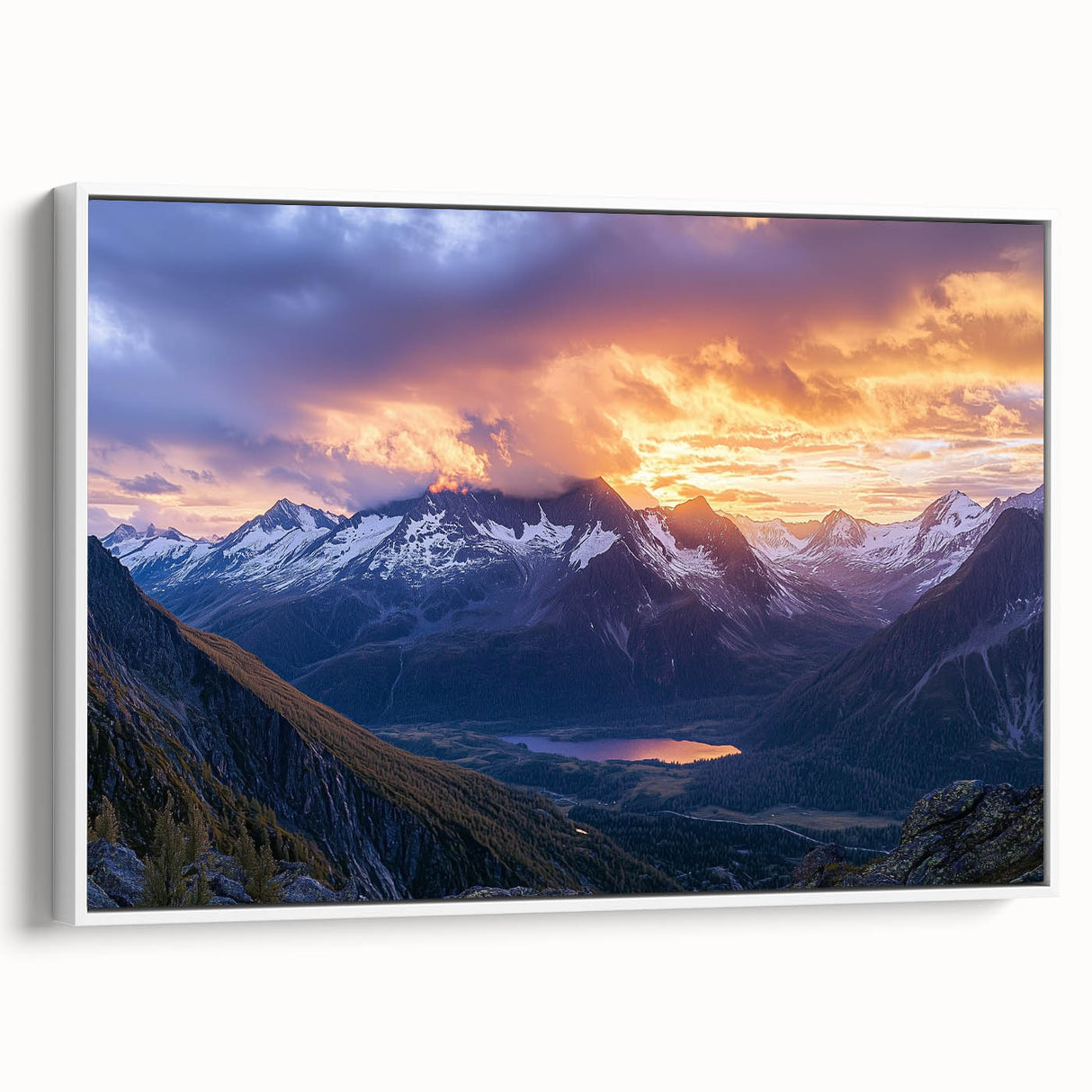Framed canvas artwork depicting a dramatic landscape with towering cliffs, showcasing rich colors and intricate details, set against a white frame for a modern touch.