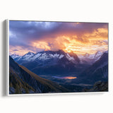 Framed canvas artwork depicting a dramatic landscape with towering cliffs, showcasing rich colors and intricate details, set against a white frame for a modern touch.