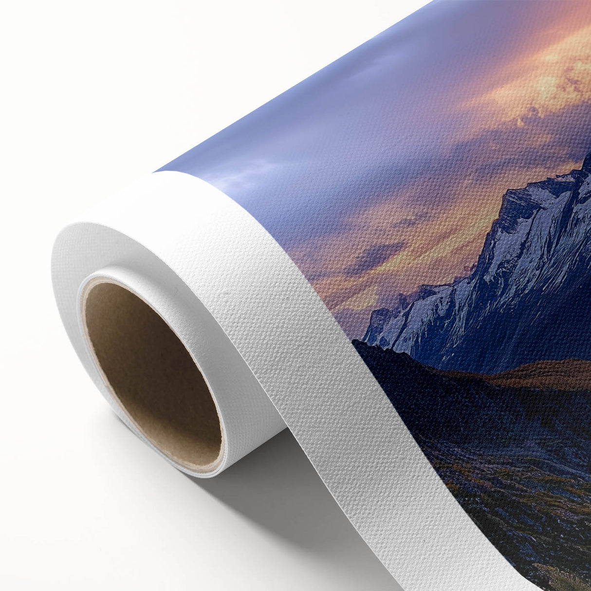 Vibrant rolled canvas artwork depicting dramatic cliffs and lush landscapes, perfect for nature lovers; securely packaged in a protective cardboard tube.