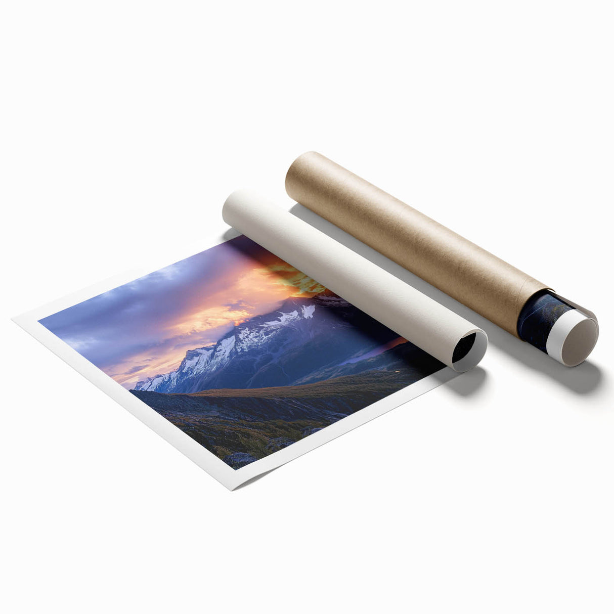 Stunning landscape print showcasing dramatic cliffs against a vibrant sunset, rolled and ready for display, emphasizing natural beauty and bold colors. Perfect for home decor enthusiasts.