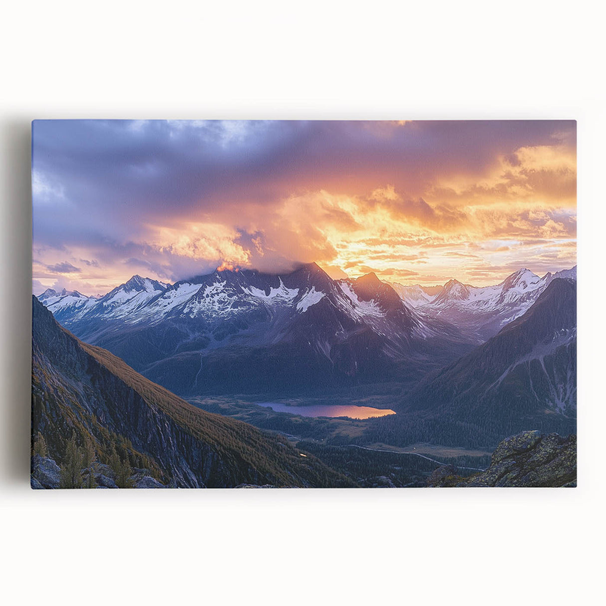 Vibrant stretched canvas artwork depicting dramatic cliffs and serene landscapes, showcasing rich colors and intricate details, perfect for enhancing any room's decor.