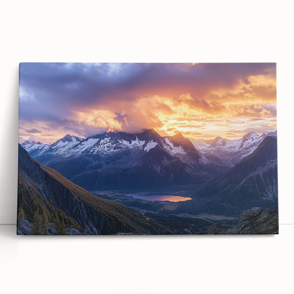 Stretched canvas showcasing a dramatic cliff landscape in vibrant colors, leaning against a textured wall, perfect for enhancing modern home decor with natural beauty.
