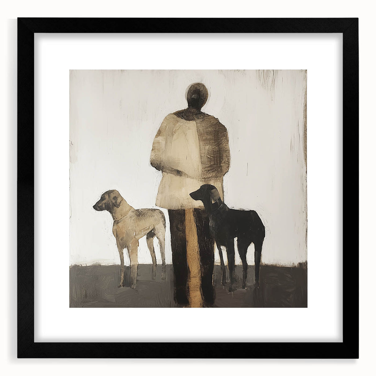 Abstract figurative frame with a black mat, showcasing a modern art piece featuring dynamic shapes and vibrant colors, ideal for contemporary decor.