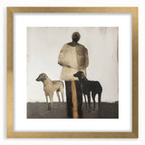 Abstract figurative frame with a gold mat, showcasing a modern art piece featuring bold colors and dynamic shapes, perfect for contemporary home decor.