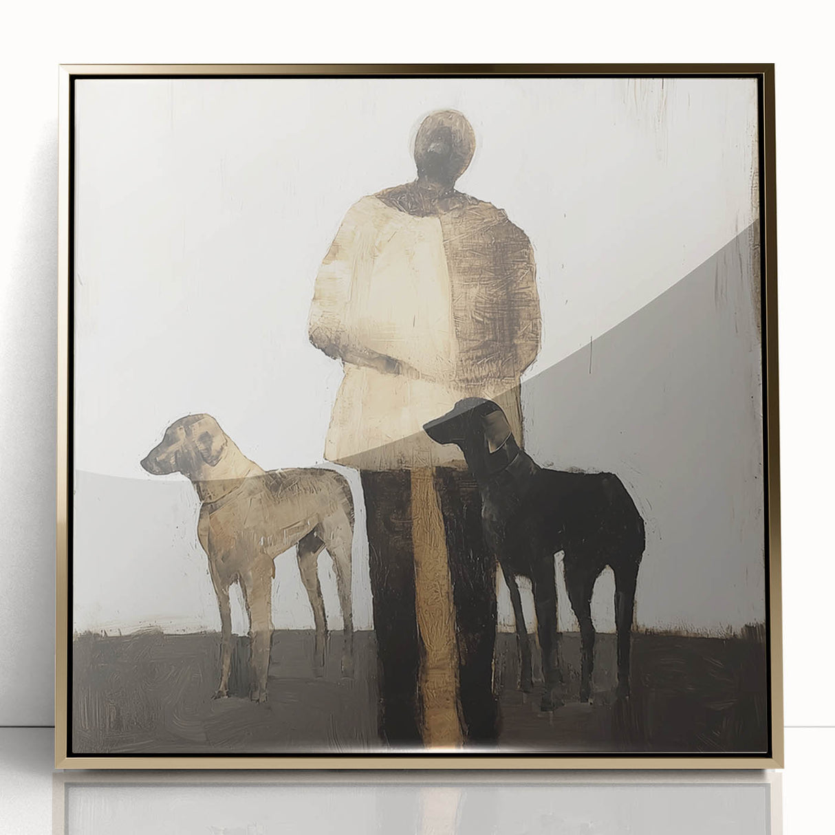 Framed abstract figurative artwork in gold tones, showcasing fluid shapes and dynamic lines, perfect for modern home decor or art enthusiasts.