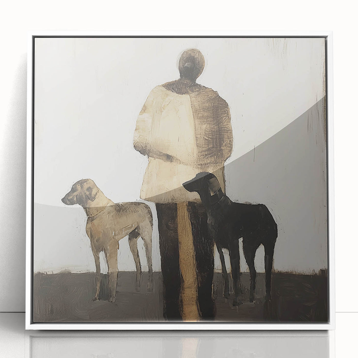 Framed abstract figurative art piece in white acrylic showcasing vibrant colors and dynamic shapes, perfect for modern home decor or artistic display.