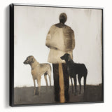 Abstract figurative art canvas in a sleek black frame, showcasing a dynamic design with bold colors and shapes, perfect for modern home decor.