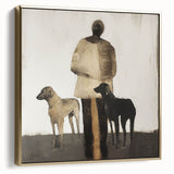 Framed abstract figurative canvas art in silver and gold tones, showcasing modern design elements, perfect for contemporary home decor or art collectors.