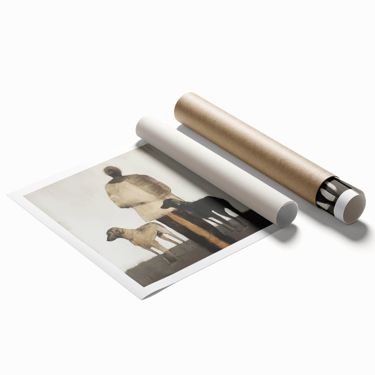 Abstract figurative rolled print showcasing vibrant colors and dynamic shapes, beautifully packaged in a protective cardboard tube, ideal for modern decor.