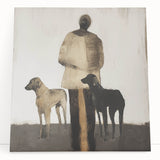 Abstract figurative artwork on stretched canvas, featuring vibrant colors and dynamic shapes, leaning against a neutral wall, perfect for modern home decor.