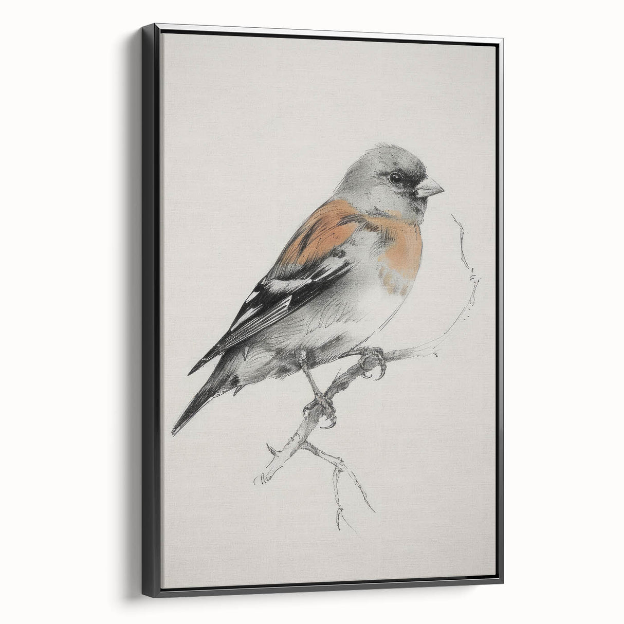 Framed canvas artwork showcasing a detailed animal design, featuring a black border and side view display, perfect for home decor in contemporary settings.