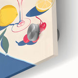 Large abstract wall art on acrylic glass featuring mid-century modernist food and drink motifs in vibrant colors.