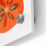 Close-up of large abstract wall art featuring assorted fruits in bold colors on acrylic glass.