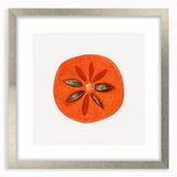 Textured art featuring abstract fruit designs in vibrant colors on a framed silver mat, ideal for bedroom art.