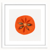 Abstract art print featuring assorted fruits in vibrant colors, framed in white, ideal for dining room decor.