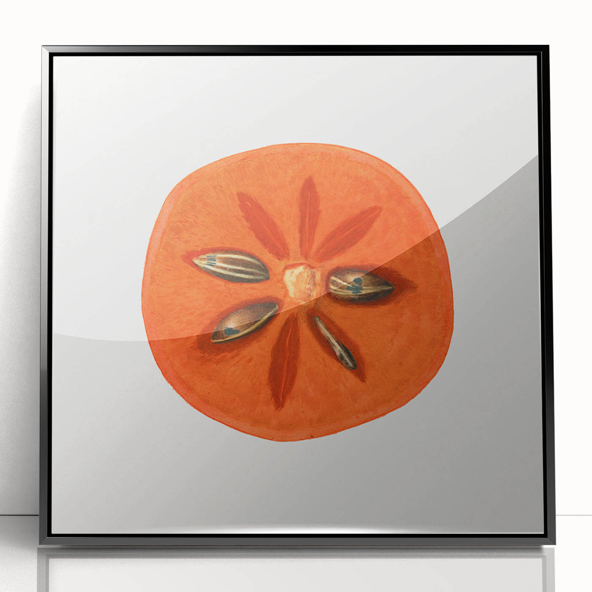 Large abstract wall art featuring assorted fruits in vibrant colors on a black acrylic framed print, ideal for kitchen decor.