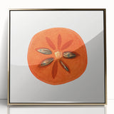 Large art print of assorted fruits in bold colors, framed in gold acrylic, mid-century modernist style.