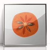 Mid-century modernist acrylic print featuring an assortment of colorful fruits, framed in silver.