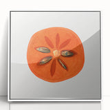 Art Deco poster featuring assorted fruits in vibrant colors on a white acrylic framed print.