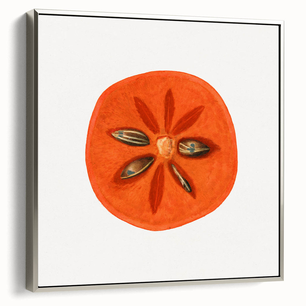 Framed canvas featuring a vintage poster of colorful fruits against a black background, ideal for kitchen wall decor.