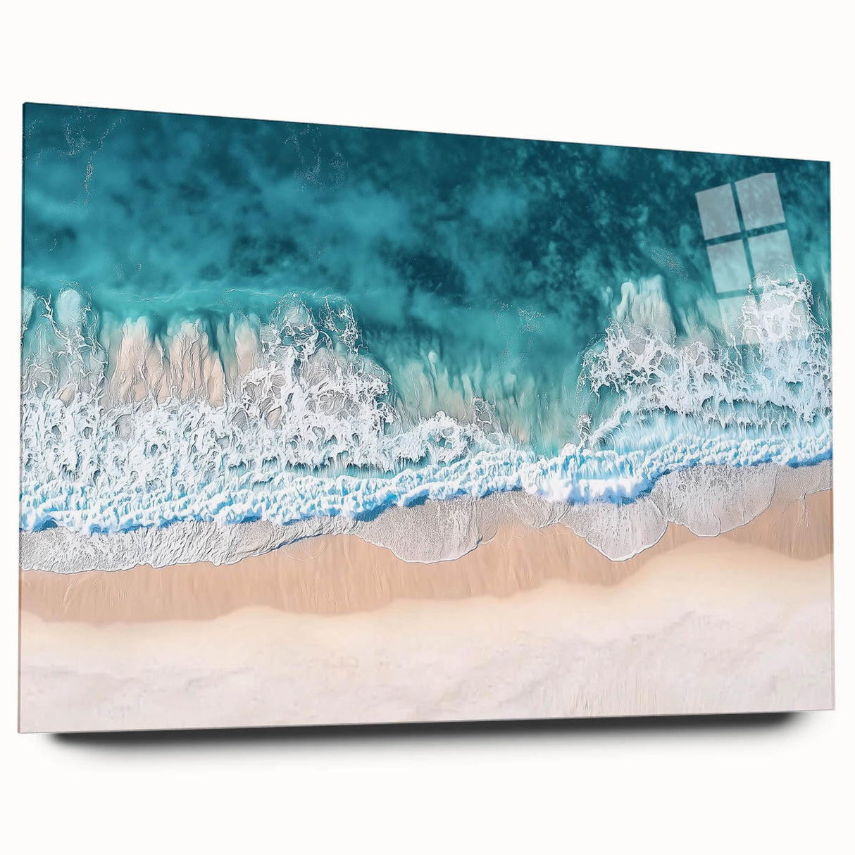 Acrylic glass artwork depicting a serene beach landscape, showcasing vibrant colors and fine details, perfect for enhancing coastal-themed decor.